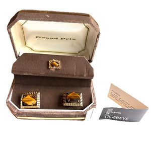 Authentic Vintage Grand Prix Swank Genuine Tiger Eye Cufflinks & Tie Tack Set Gold Plated
