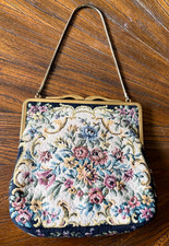 VTG Petit Point Floral Needlepoint Tapestry Purse Handbag Clutch Opening -B2-2