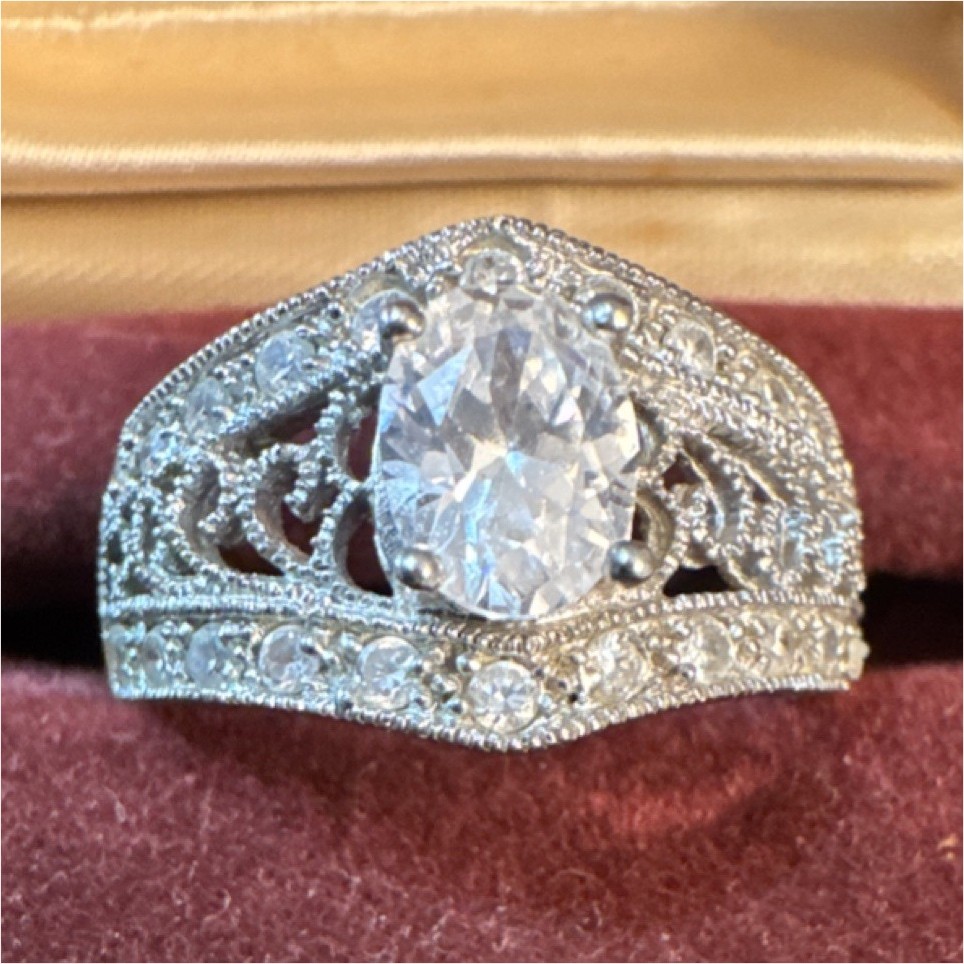 Silver Engagement Ring Oval Simulated Diamond Fil… - image 1