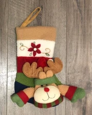 Mini Christmas Stocking 8” Striped Multicolored With Poinsettia & Plush Reindeer