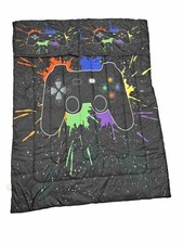 Twin 3 Piece Gaming Bed Set Black Paint Splatter Duvet 2 Pillow cases 68" x 86"
