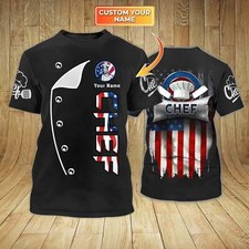 Personalized American Chef T Shirt, 3D All Over Printed Chef Shirt Usa Flag Patt