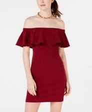 New $100 Teeze Me Juniors' Red Off Shoulder Flounce Overlay Bodycon Dress Size 3