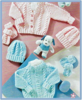 BC027 KNITTING PATTERN BABY PREEMIE CARDIGAN HAT MITTENS SIZE 12 22 INS  DK UK