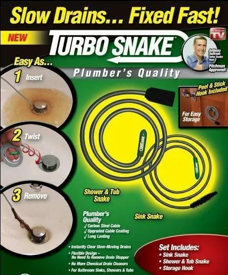 New Turbo Snake 2pc Flexible Drain Opener No Chemicals Sink Clog Remover