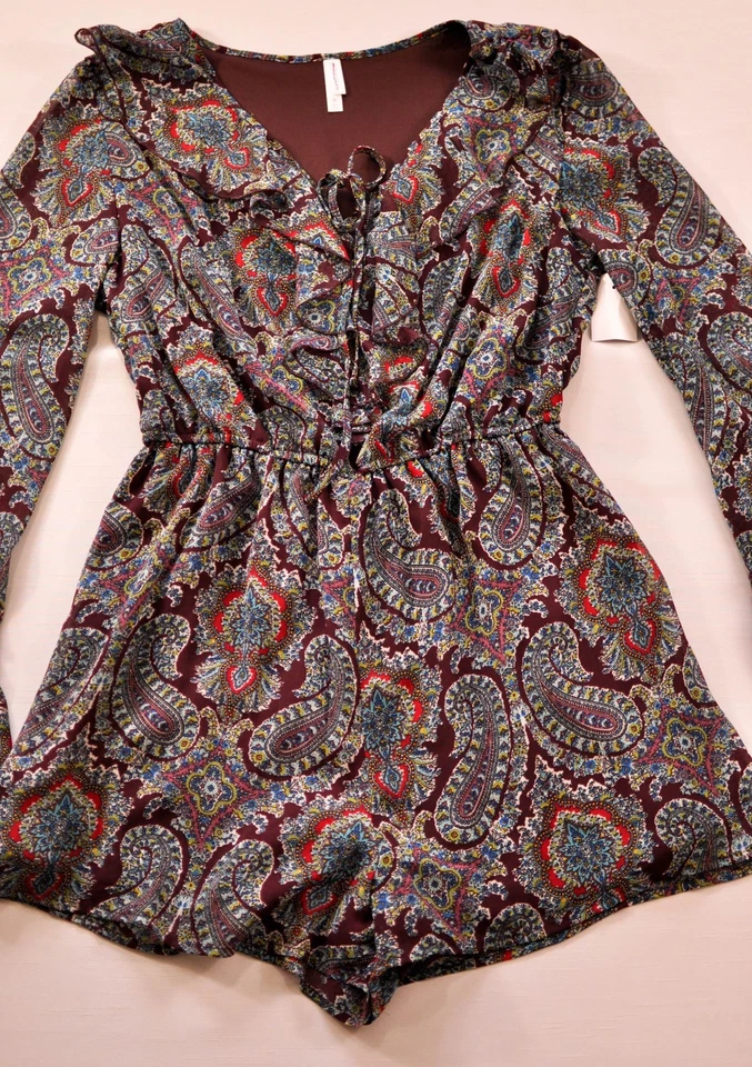 women's xhilaration long sleeve romper dress size X Small brown/blue ruffles new - Image 3 of 4