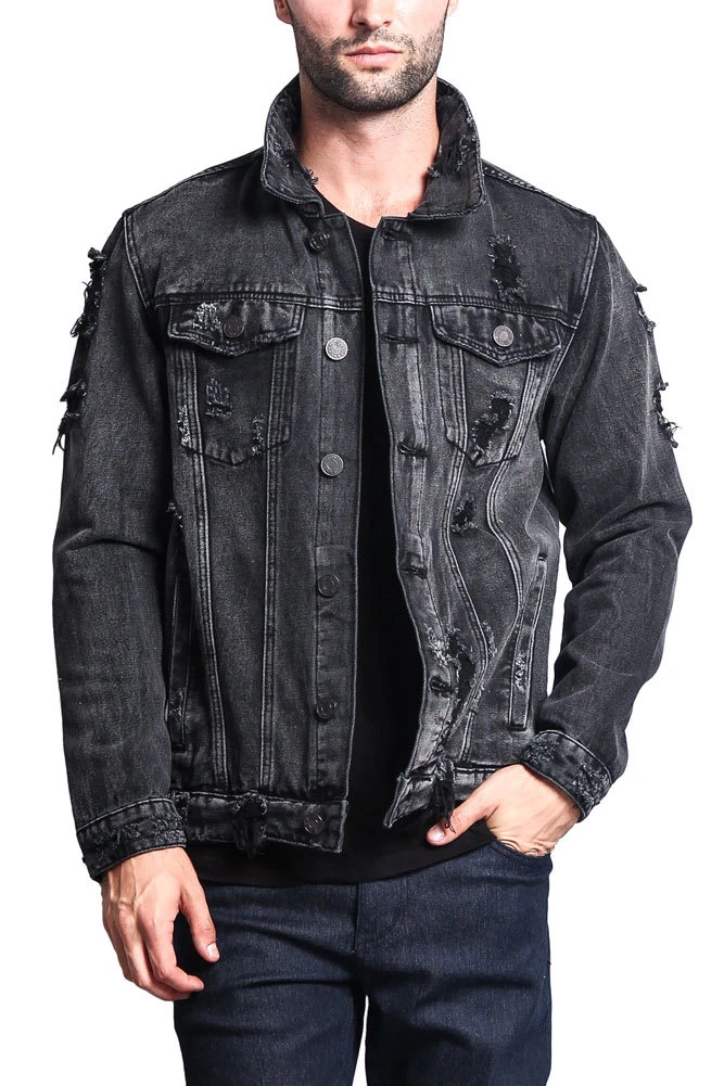 Distressed ripped denim jacket sales
