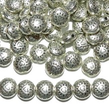 MBL7144 Antiqued Silver 8mm Flat Round Heart Embellished Metal Beads 50pc