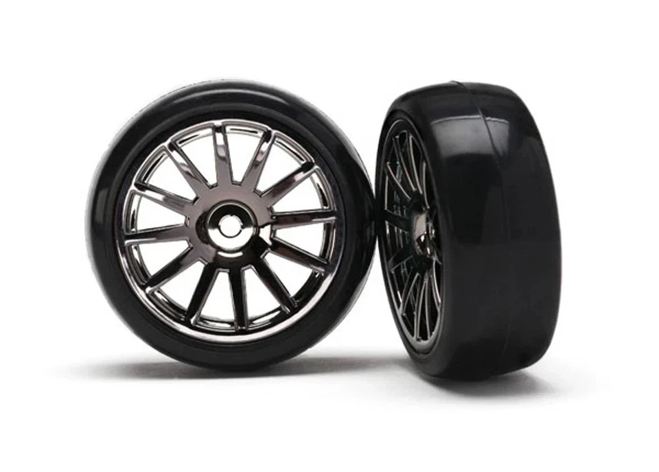 LATRAX 7573A - 1/18 SLICK TIRES - 12 SPOKE WHEELS-2PK-BLACK CHROME-TRAXXAS 7573A - Image 1 of 1