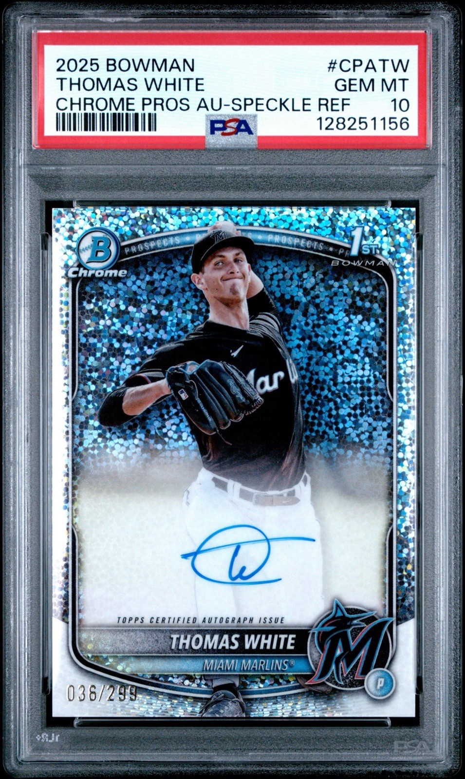 2025 Bowman Chrome Thomas White Speckle Refractor Auto /299 CPA-TW PSA 10