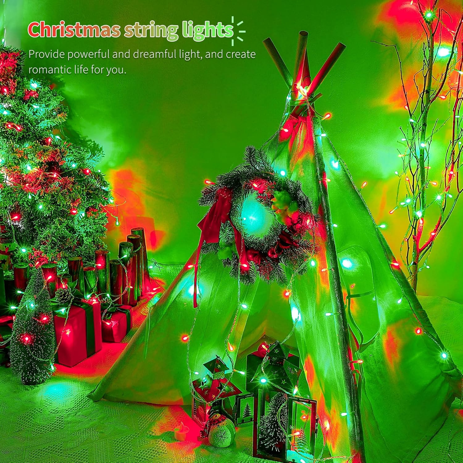 Red and Green String Lights, 33Ft 100 LED Christmas Lights Plug In,8 Modes Twink