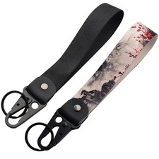 2 Pcs Classic Black Floral Keychain Wristlet Watercolor Cherry Blossom