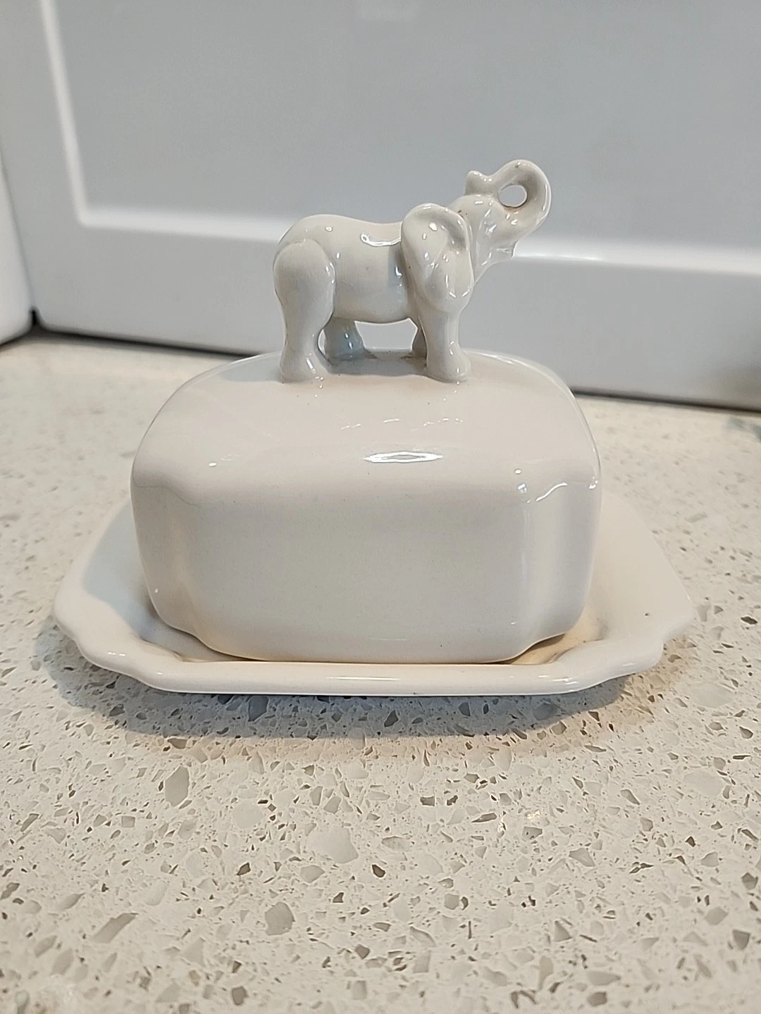 Charming Half Stick Butter Dish White Elephant Ceramic 1970's