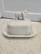 Charming Half Stick Butter Dish White Elephant Ceramic 1970's 