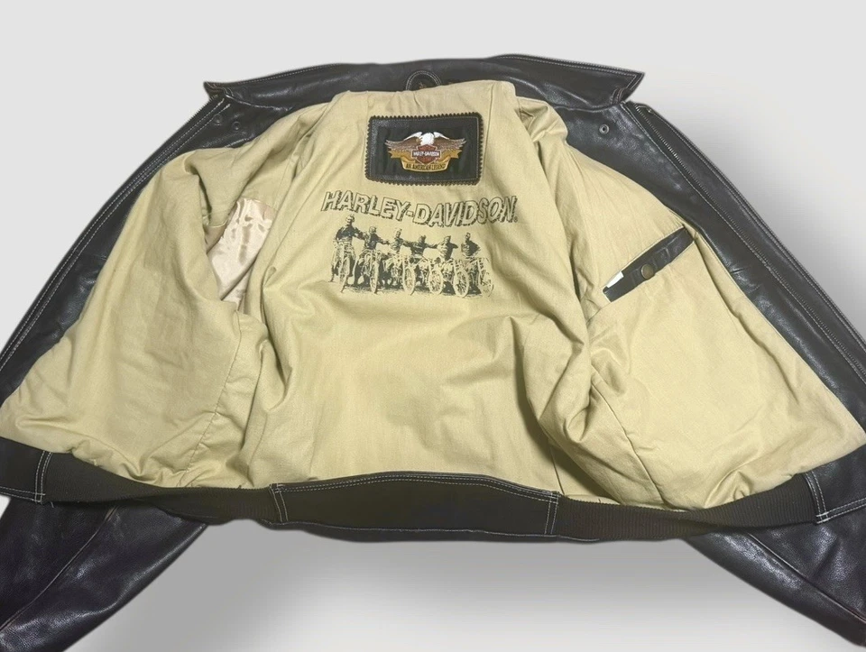 Harley Davidson Vintage Brown Leather Bomber Jacket Winged Bar & Shield Large - Image 3 of 4