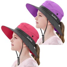 2 Pieces 5-14Y Kids Summer Sun Hat Wide Brim UV Protection for Girls Ponytail...