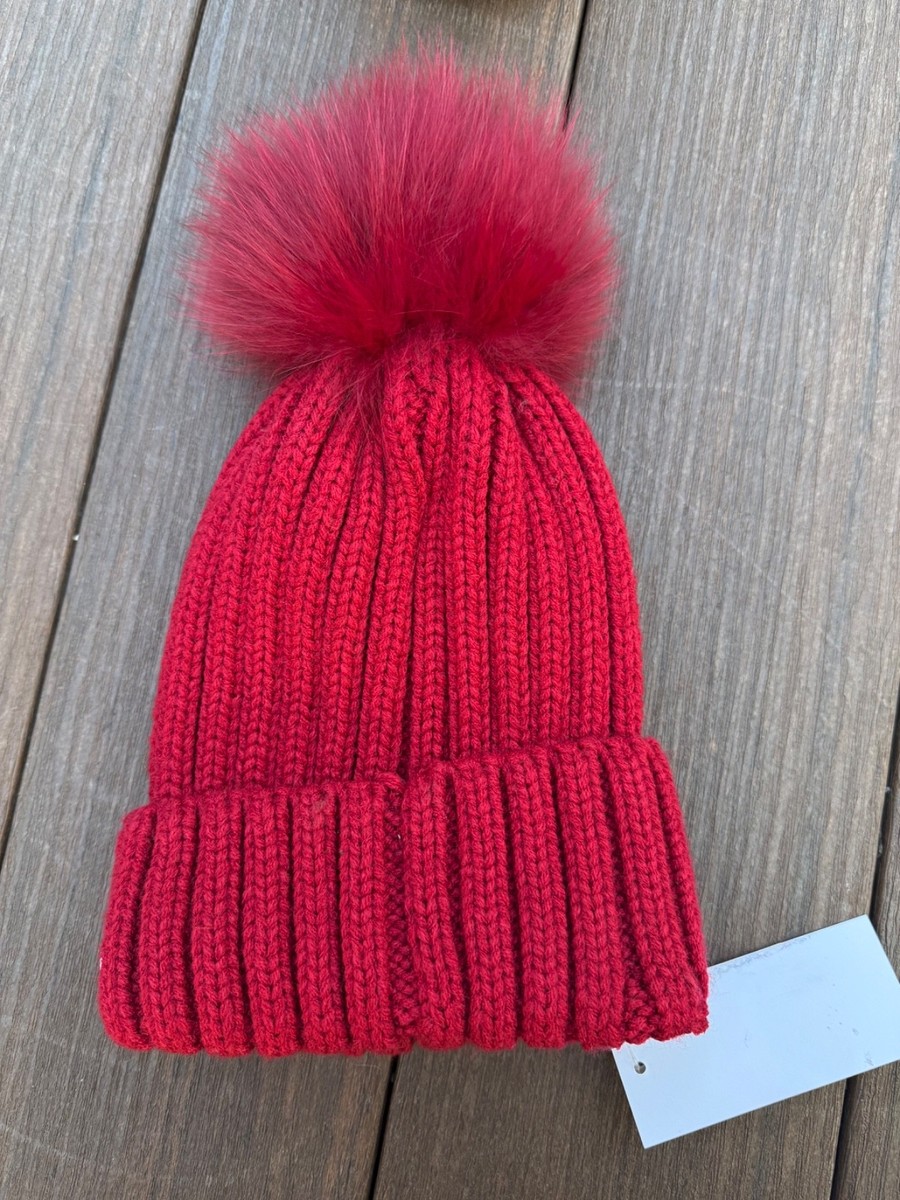 NEW ADRIENNE LANDAU RED Knitted Beanie Hat with real FOX fur  display picture 1