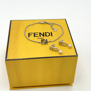 Auth Fendi Orlock Pearl Earrings/Fendi Logo Bracelet SV Set2 W/Box BA020249