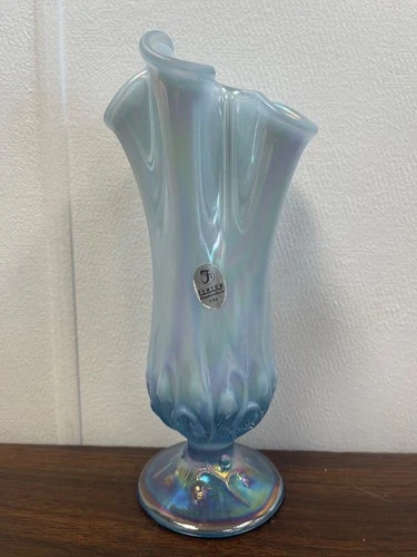 Fenton Blue Ruffled Floral Opalescent Art Glass Vase 8” Tall