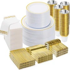 700 PCS Gold Dinnerware Set for 100 Guests, Plastic Dinnerware Set for Party,...