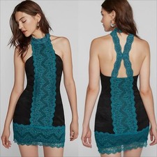 Free People Natasha Bodycon Dress Sz S/P Womans Black Teal Lace Trim Halter Neck