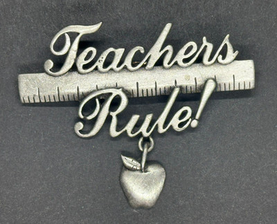 JJ Teacher's Rule! Pin Pewter Ruler Apple Dangle Signed Vintage Teacher Gift