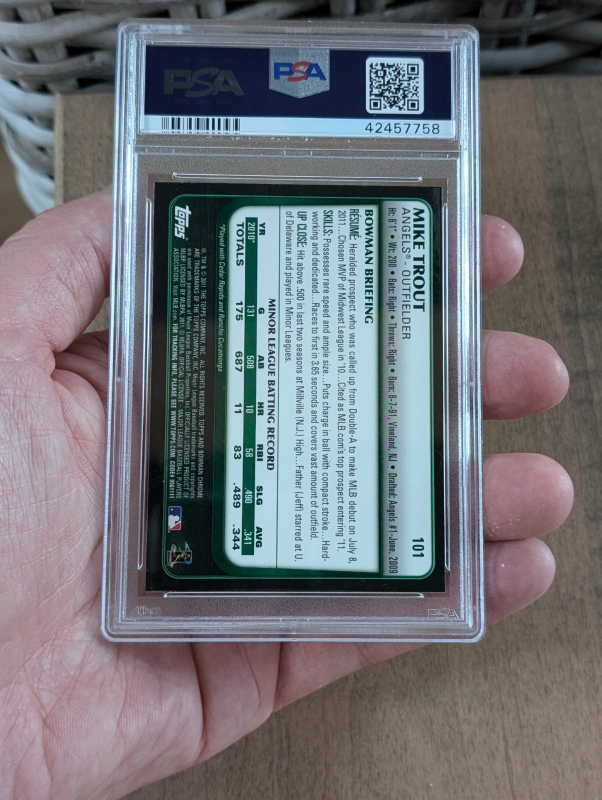 2011 Bowman Chrome Draft #101 Mike Trout Auto Autograph Sign PSA DNA 9 10 view 2