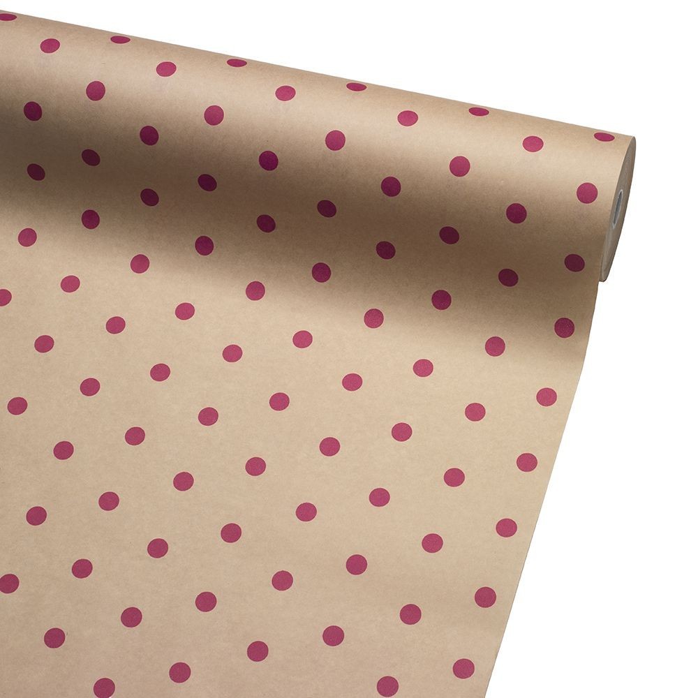 Kraft Paper Roll 50cm Wide 100m Roll Natural with Cerise Pink Spots