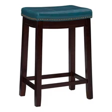 Linon Claridge Backless Counter Stool Blue Faux Leather Wood Frame in Dark Brown