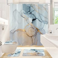 4 Pcs Bathroom Shower Curtain Set with Non-Slip Rugs, Toilet Lid Cover and