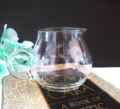 Vintage Clear Hand Blown Glass Creamer Handle Etched Delicate Leaf Flower Floral