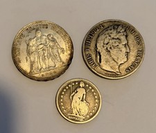 Franchi francesi 1877 (5 franchi), 1855 (5 franchi), 1875 (2 franchi)