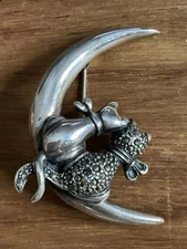 Vintage Italian 925 Sterling Cats on Crescent Moon Brooch Marcasite GA Italy Pin