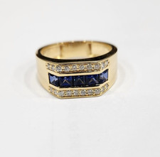 Princess Natural Blue Sapphire GH/SI Diamond Men's Wedding Ring 14k Yellow Gold