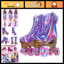 Holographic High Top Roller Skates for Women - Shiny Quad Skates, Purple, Indoor