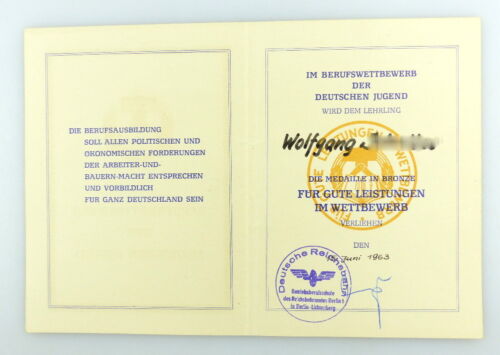 #e3411 certificat pour médaille de bronze décerné à la Deutsche Reichsbahn RDA 1963 - Photo 1/2