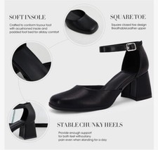 Size 9.5 Women's Closed Square Toe Heels Mary Jane Black Chunky Low Ankle Strap