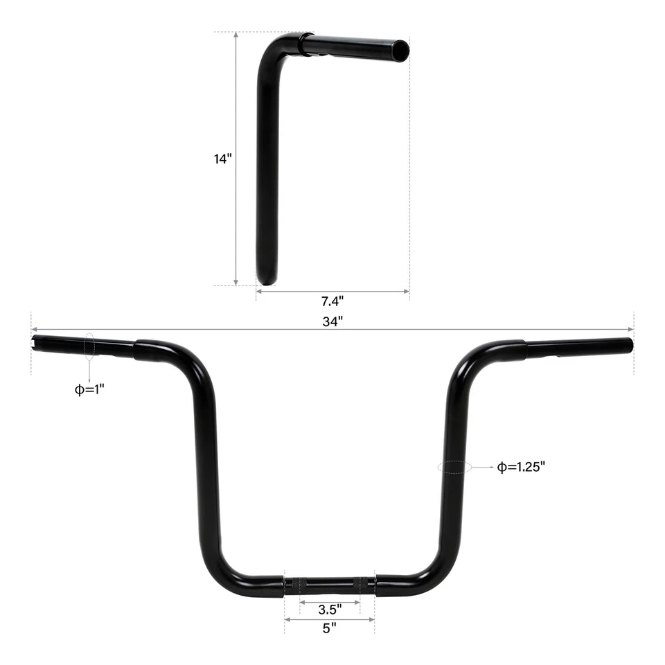 Black 14" Rise 1-1/4" Hanger Iron Handlebar Fit for Harley-Davidson Sportster XL - Image 2 of 4