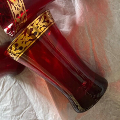 Pier 1 Imports ~ Set of 3 Ruby Cocktail Tumblers / Shot Glasses w/ Gold Trim