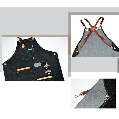 Denim Bib Apron Leather Strap Barista Baker Bartender BBQ Chef Work Uniform #w - Picture 5 of 13