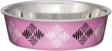 Loving Pets BELLA BOWL MEDIUM Stainless Steel Dog Food or Water Bowl PINK ARGYLE