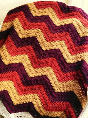 CROCHET handmade baby blanket afghan chevron ripple VANNA yarn autumn 32'' X 36''