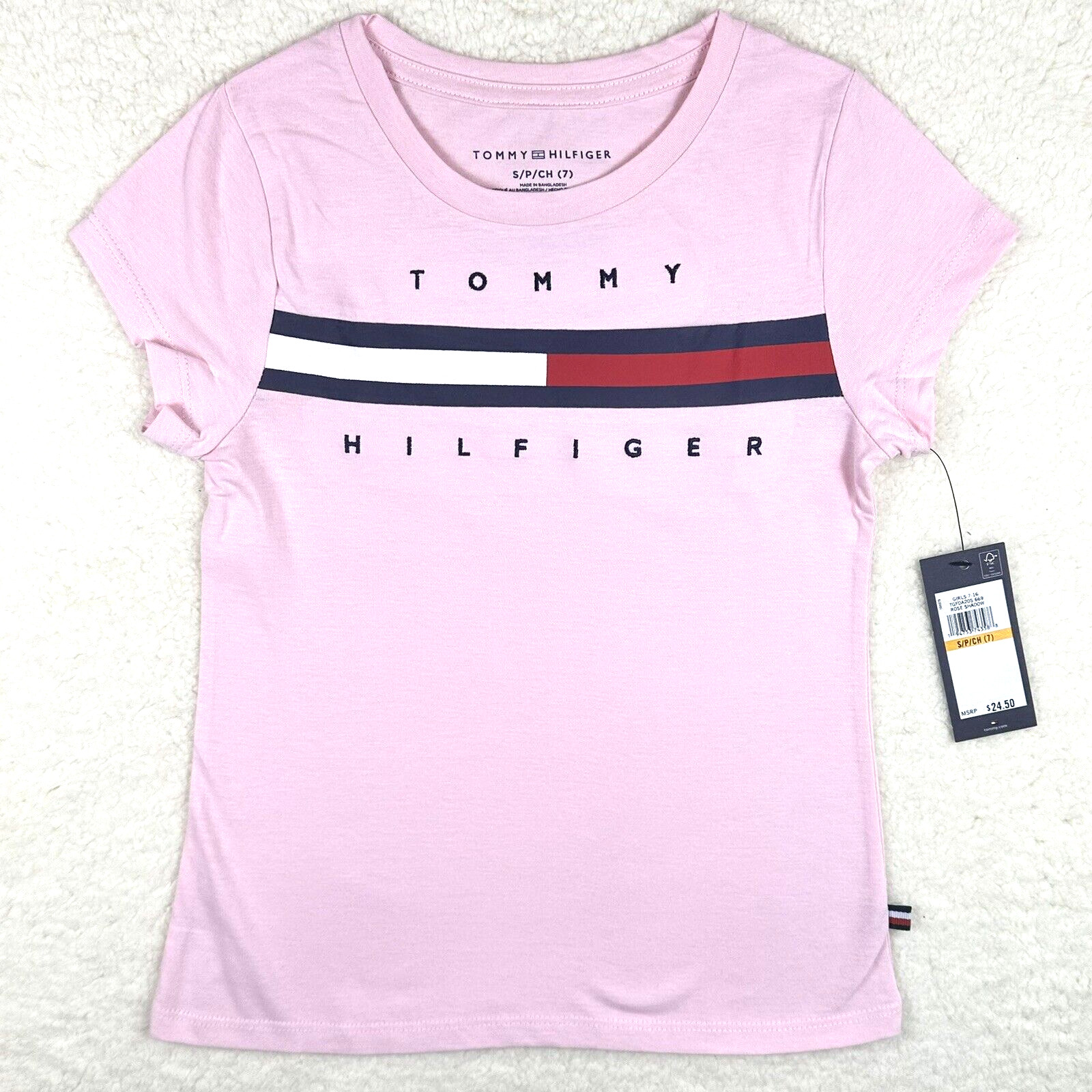 Tommy Hilfiger Girls Short Sleeve T-Shirt with Flag Logo in Rose Shadow Sz S (7)