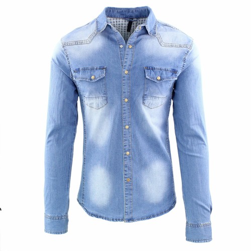 Camicia di Jeans Uomo Slim Fit Blu Casual Classica Denim | eBay