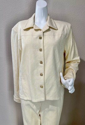 ST JOHN SPORT Marie Gray Geometric Jacket Pants Suit Set L 14 Cream Pale Yellow