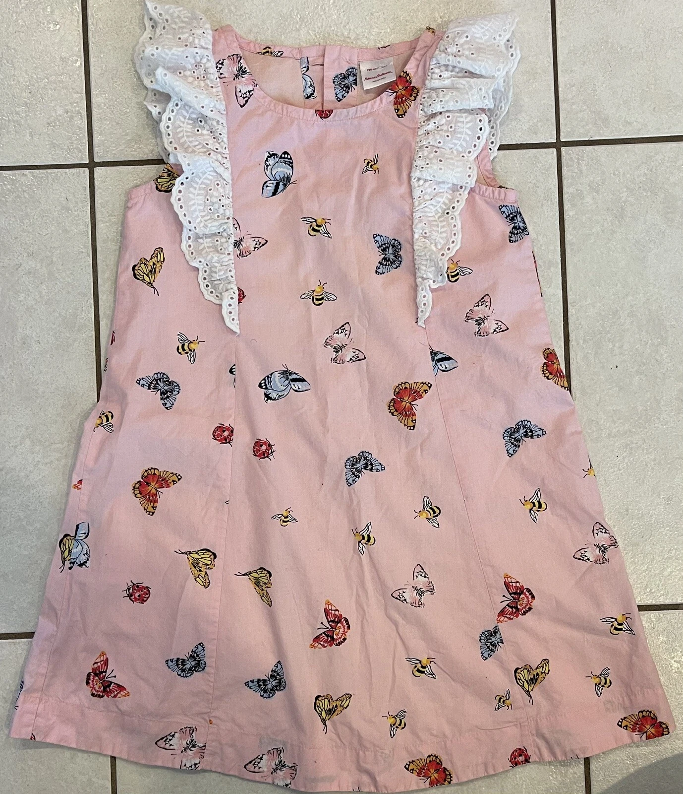 hanna andersson Girls Pink Butterfly Bee Eyelet Ruffle Tank Dress Size 6-7 120