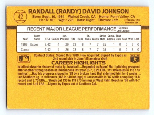 1989 Donruss #42d Randy Johnson - Picture 2 of 2