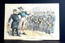 Grover CLEVELAND as Ship Captain 1894 AFTER the MUTINY w UNCLE SAM Puck Print