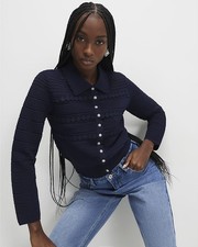 River Island Womens Cardigan Navy Flower Detail Scalloped Collar Jumper Top