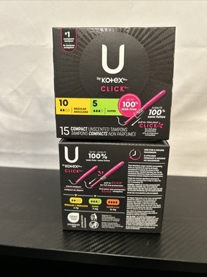 U By Kotex Click Compact Unscented Tampons 10 Regular / 5 Super, Pack of 2